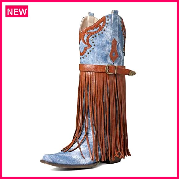 Western Booties Pointed Toe Chunky Heel Embroidered Fringe Pull-On Mid Calf - Picture 2 of 8